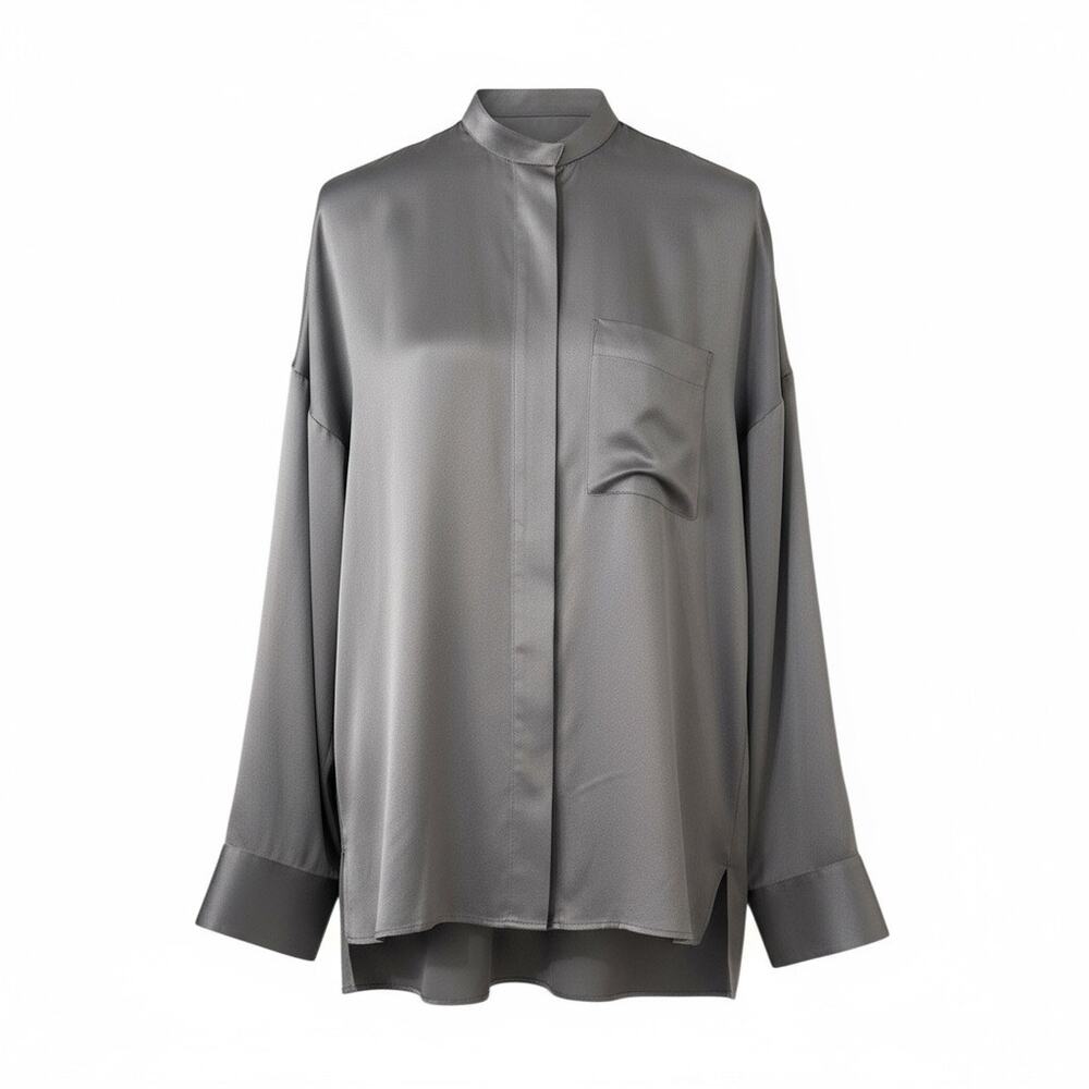 Haider Ackermann Metallic Silver Silk Charmeuse Oversized Shirt FR 34 Mandarin